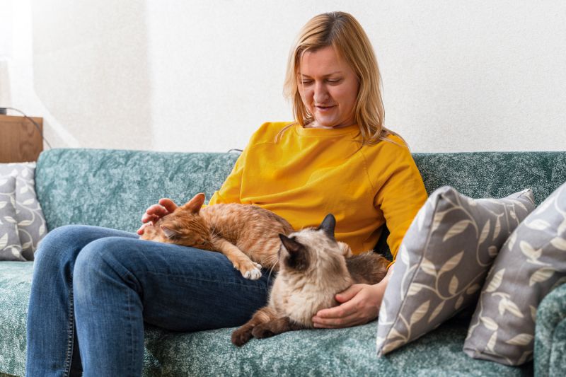 a woman with two cats on her lap