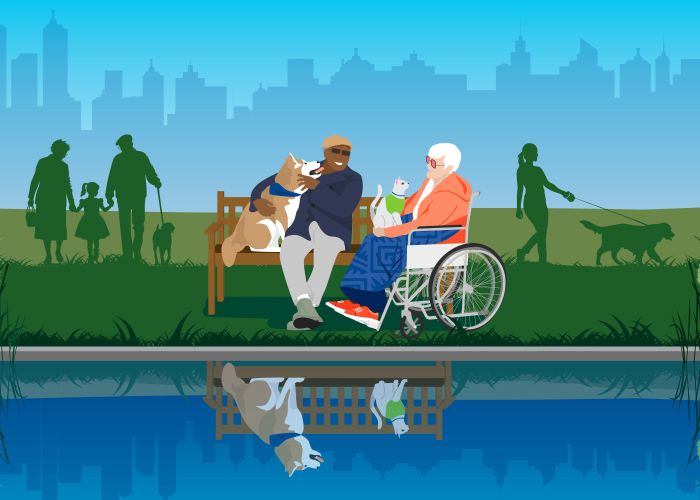 Illustration of two seniors sitting on a park bench with a dog and cat. In the reflection of the pond in front of them, only the dog and cat are there.